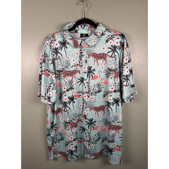 Green Side Golf Blue Cheetah Flamingo Hawaiian Tropical‎ Vaca Polo Shirt Mens XL - Picture 1 of 10